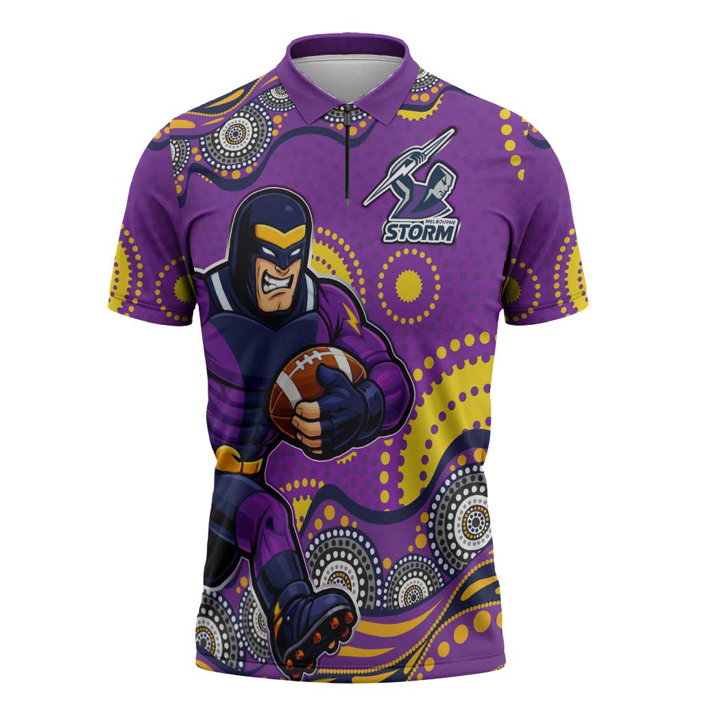 Melbourne Storm Zipper Polo Shirt Aboriginal Dot Pattern - Rugby Mascot Heritage Pride