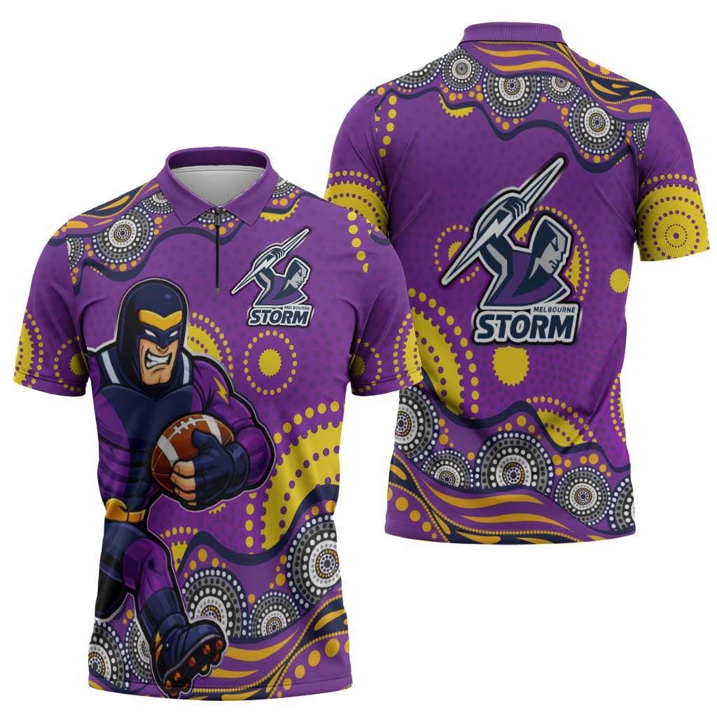 Melbourne Storm Zipper Polo Shirt Aboriginal Dot Pattern - Rugby Mascot Heritage Pride