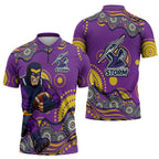 Melbourne Storm Zipper Polo Shirt Aboriginal Dot Pattern - Rugby Mascot Heritage Pride