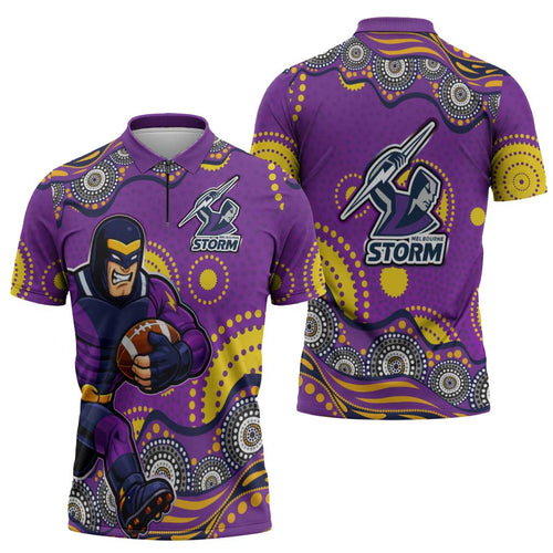 Melbourne Storm Zipper Polo Shirt Aboriginal Dot Pattern - Rugby Mascot Heritage Pride