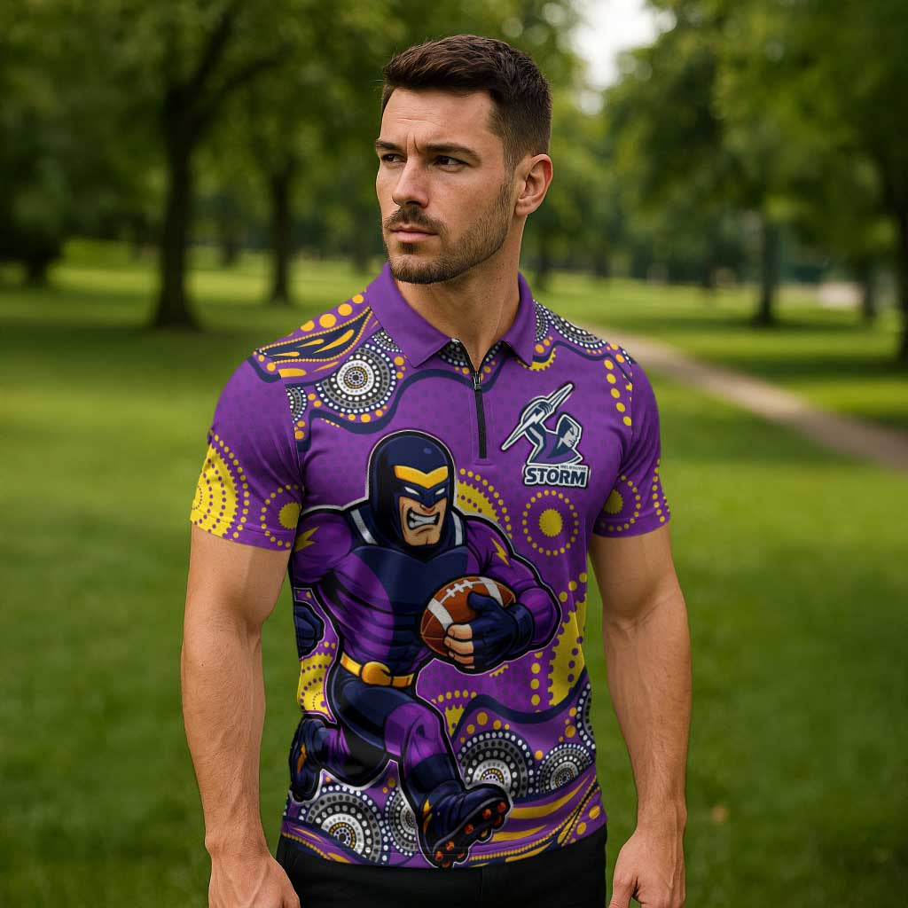 Melbourne Storm Zipper Polo Shirt Aboriginal Dot Pattern - Rugby Mascot Heritage Pride