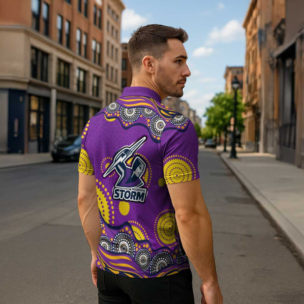Melbourne Storm Zipper Polo Shirt Aboriginal Dot Pattern - Rugby Mascot Heritage Pride