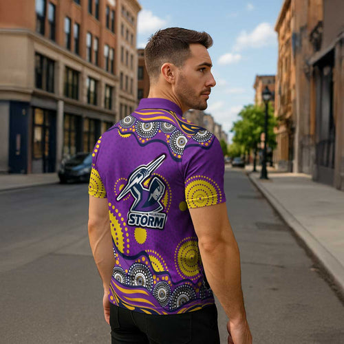 Melbourne Storm Zipper Polo Shirt Aboriginal Dot Pattern - Rugby Mascot Heritage Pride