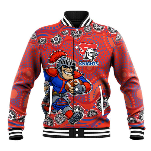 Newcastle Knights Baseball Jacket Aboriginal Dot Pattern - Rugby Mascot Heritage Pride