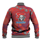 Newcastle Knights Baseball Jacket Aboriginal Dot Pattern - Rugby Mascot Heritage Pride