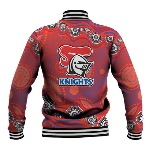 Newcastle Knights Baseball Jacket Aboriginal Dot Pattern - Rugby Mascot Heritage Pride