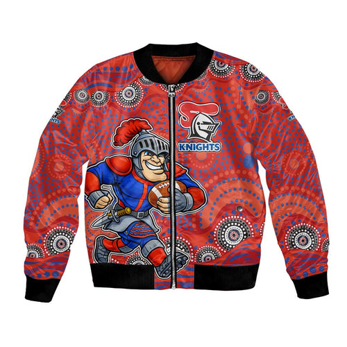 Newcastle Knights Bomber Jacket Aboriginal Dot Pattern - Rugby Mascot Heritage Pride