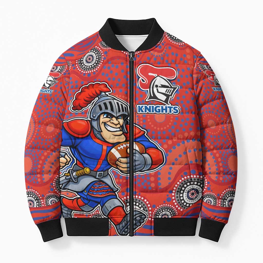 Newcastle Knights Bomber Puffer Jacket Aboriginal Dot Pattern - Rugby Mascot Heritage Pride