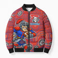 Newcastle Knights Bomber Puffer Jacket Aboriginal Dot Pattern - Rugby Mascot Heritage Pride