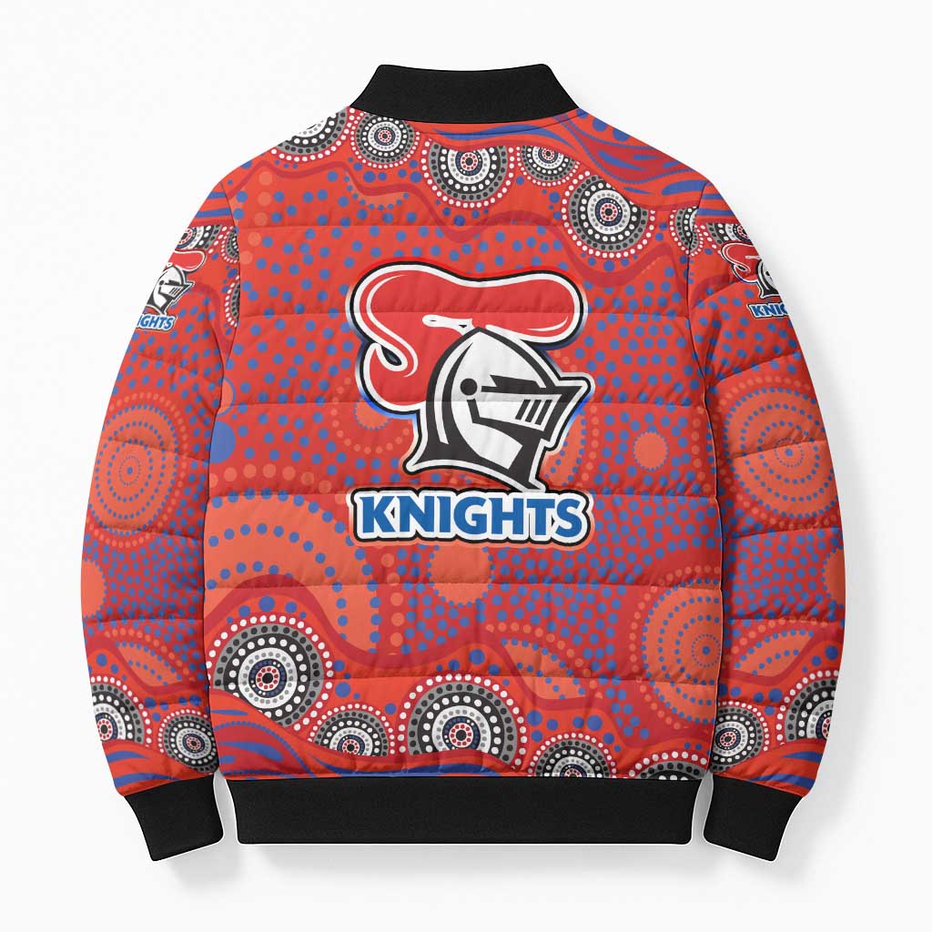 Newcastle Knights Bomber Puffer Jacket Aboriginal Dot Pattern - Rugby Mascot Heritage Pride