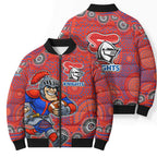 Newcastle Knights Bomber Puffer Jacket Aboriginal Dot Pattern - Rugby Mascot Heritage Pride