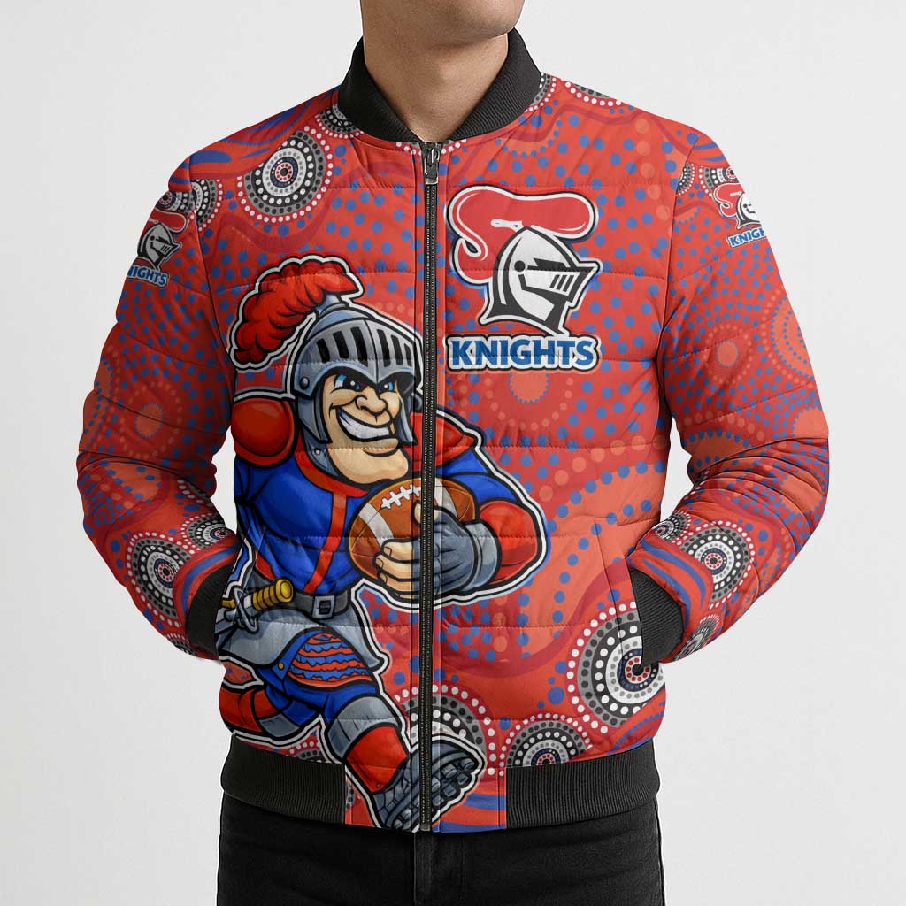 Newcastle Knights Bomber Puffer Jacket Aboriginal Dot Pattern - Rugby Mascot Heritage Pride