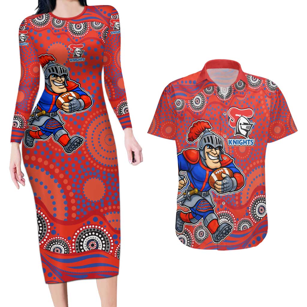 Newcastle Knights Couples Matching Long Sleeve Bodycon Dress and Hawaiian Shirt Aboriginal Dot Pattern - Rugby Mascot Heritage Pride