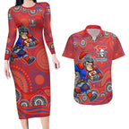 Newcastle Knights Couples Matching Long Sleeve Bodycon Dress and Hawaiian Shirt Aboriginal Dot Pattern - Rugby Mascot Heritage Pride