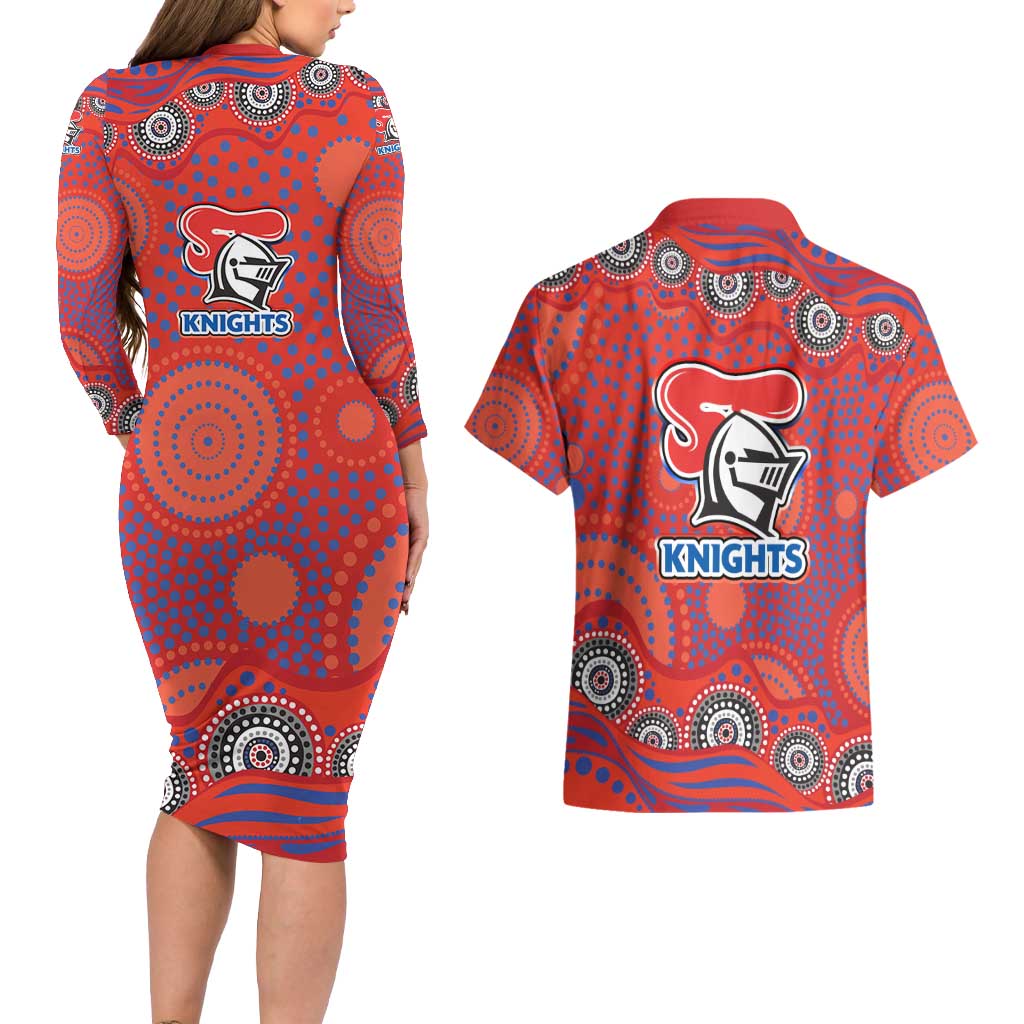 Newcastle Knights Couples Matching Long Sleeve Bodycon Dress and Hawaiian Shirt Aboriginal Dot Pattern - Rugby Mascot Heritage Pride