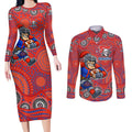 Newcastle Knights Couples Matching Long Sleeve Bodycon Dress and Long Sleeve Button Shirt Aboriginal Dot Pattern - Rugby Mascot Heritage Pride