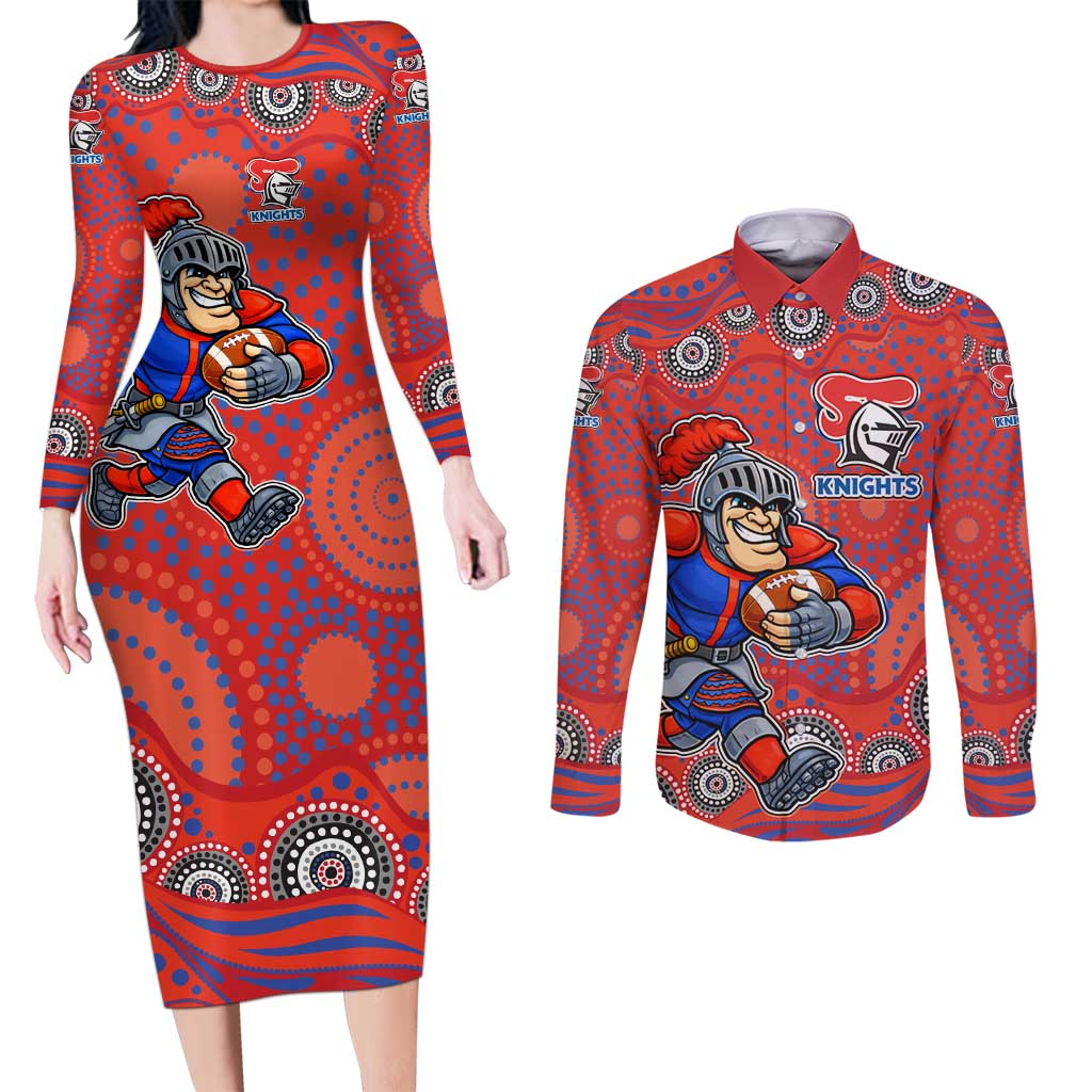 Newcastle Knights Couples Matching Long Sleeve Bodycon Dress and Long Sleeve Button Shirt Aboriginal Dot Pattern - Rugby Mascot Heritage Pride