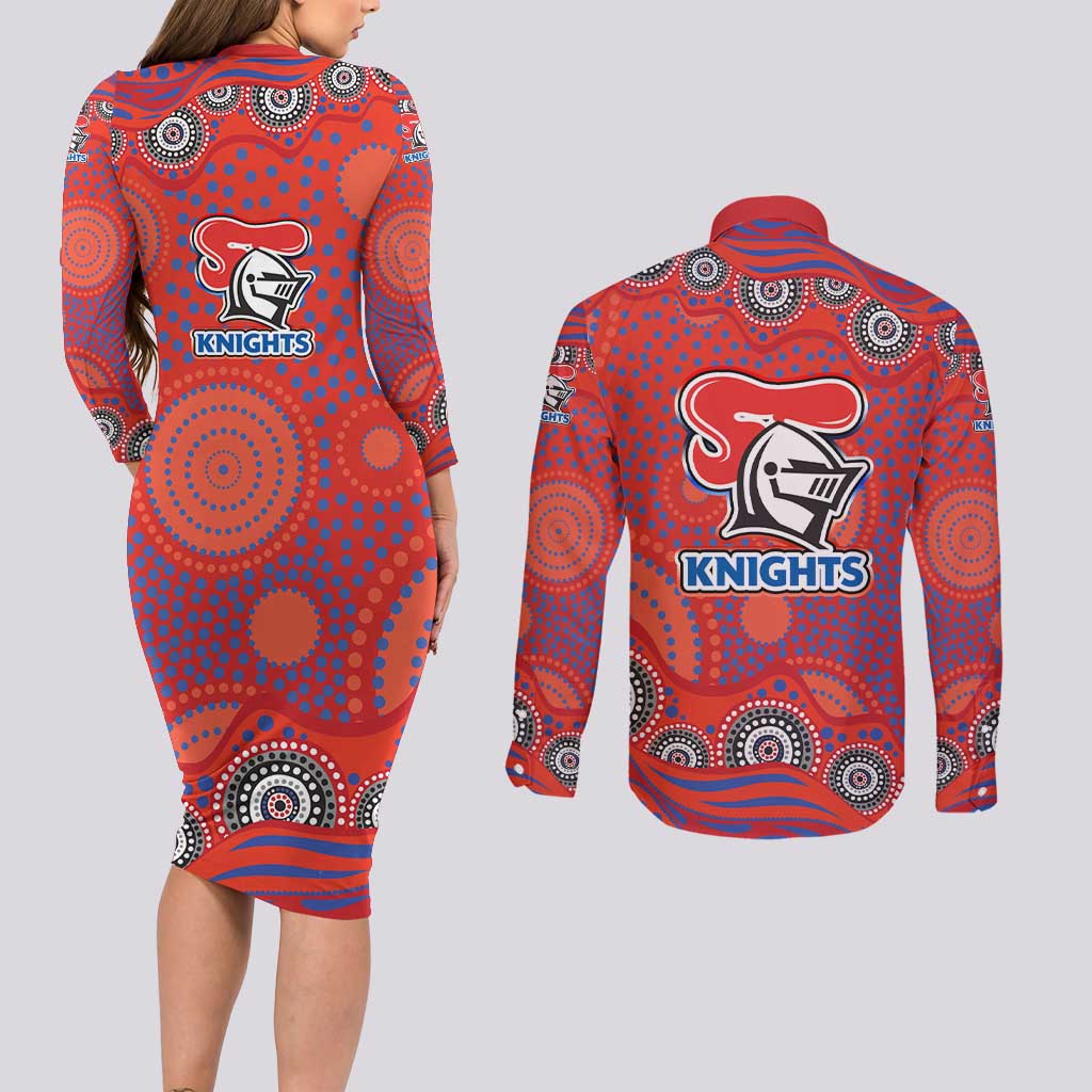 Newcastle Knights Couples Matching Long Sleeve Bodycon Dress and Long Sleeve Button Shirt Aboriginal Dot Pattern - Rugby Mascot Heritage Pride