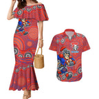 Newcastle Knights Couples Matching Mermaid Dress and Hawaiian Shirt Aboriginal Dot Pattern - Rugby Mascot Heritage Pride