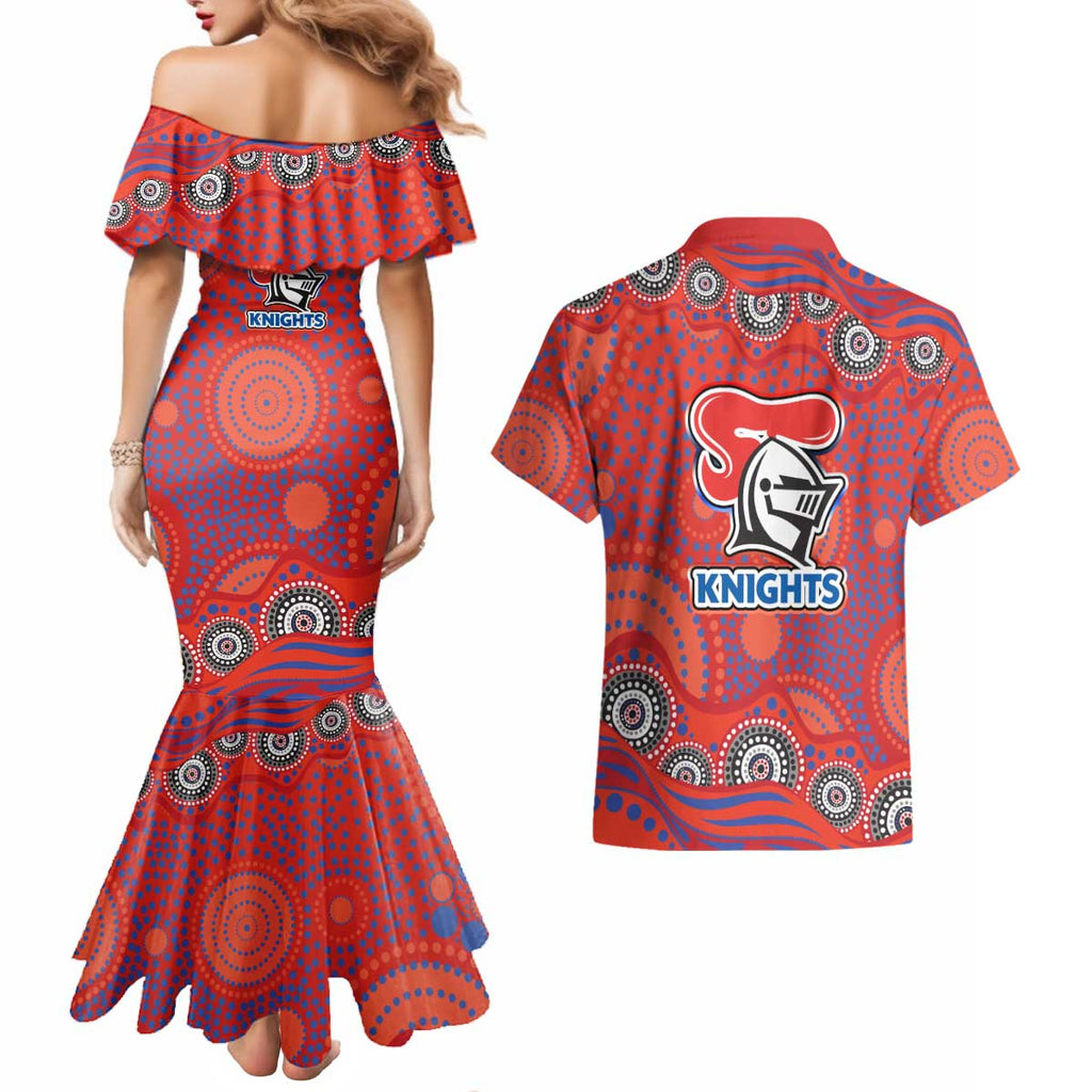Newcastle Knights Couples Matching Mermaid Dress and Hawaiian Shirt Aboriginal Dot Pattern - Rugby Mascot Heritage Pride