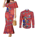 Newcastle Knights Couples Matching Mermaid Dress and Long Sleeve Button Shirt Aboriginal Dot Pattern - Rugby Mascot Heritage Pride