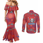 Newcastle Knights Couples Matching Mermaid Dress and Long Sleeve Button Shirt Aboriginal Dot Pattern - Rugby Mascot Heritage Pride