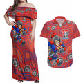 Newcastle Knights Couples Matching Off Shoulder Maxi Dress and Hawaiian Shirt Aboriginal Dot Pattern - Rugby Mascot Heritage Pride