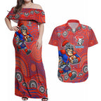 Newcastle Knights Couples Matching Off Shoulder Maxi Dress and Hawaiian Shirt Aboriginal Dot Pattern - Rugby Mascot Heritage Pride