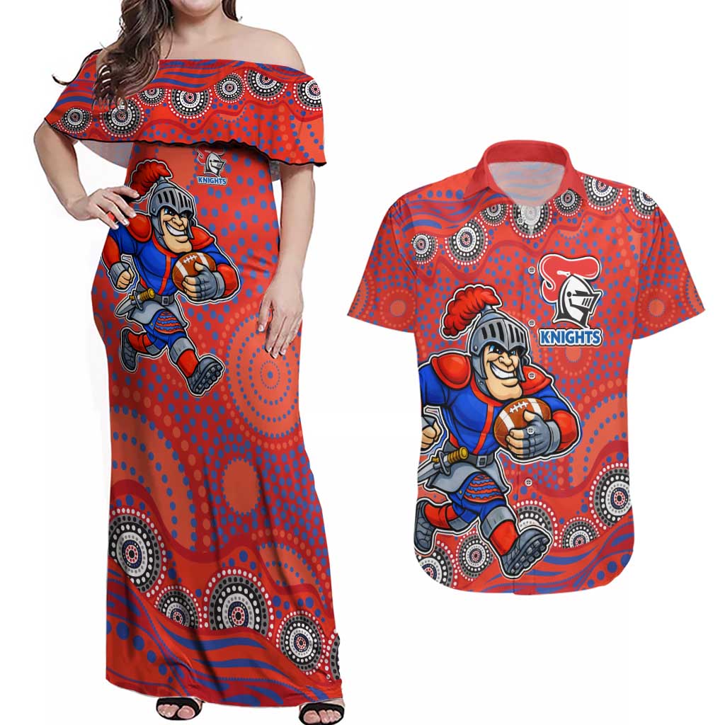 Newcastle Knights Couples Matching Off Shoulder Maxi Dress and Hawaiian Shirt Aboriginal Dot Pattern - Rugby Mascot Heritage Pride