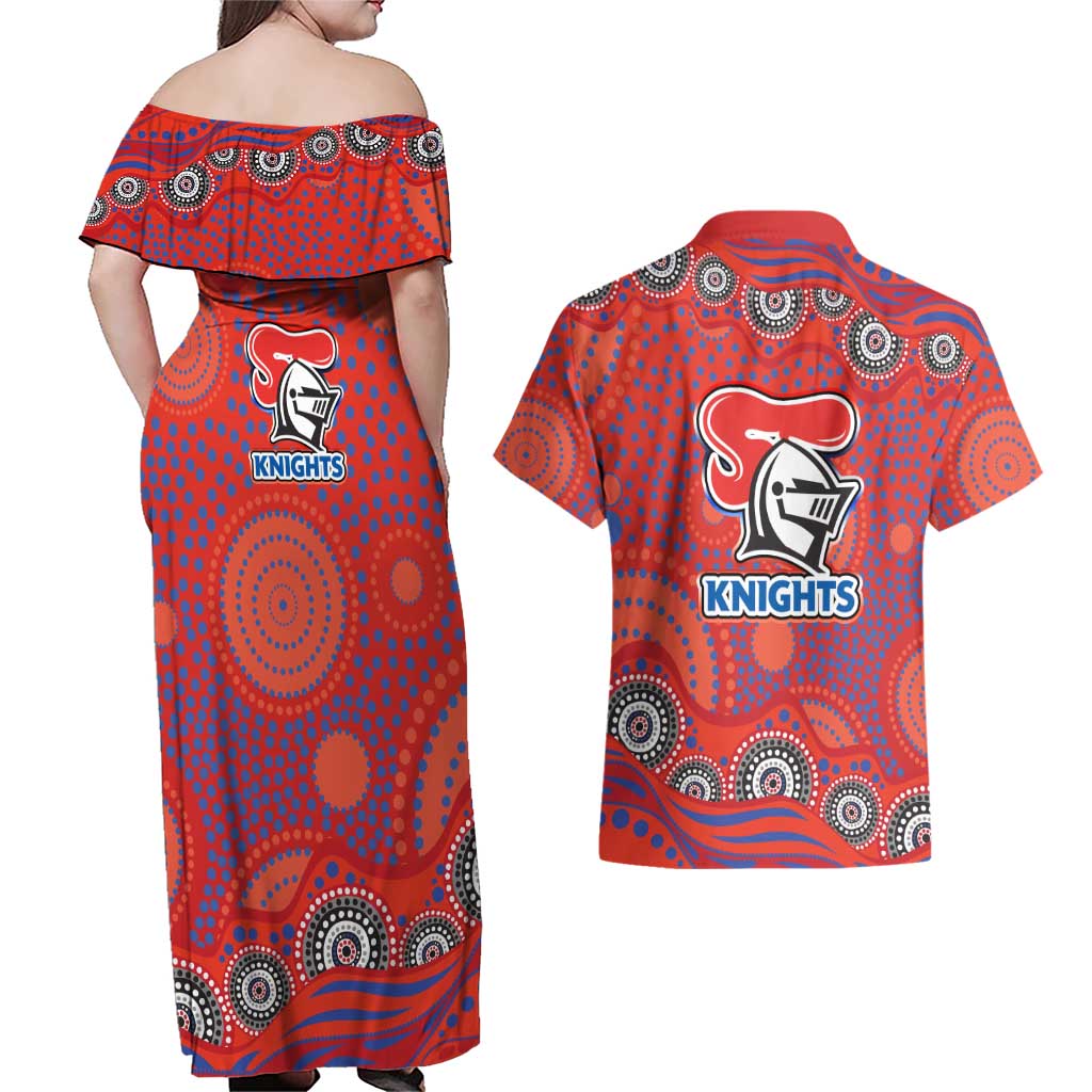 Newcastle Knights Couples Matching Off Shoulder Maxi Dress and Hawaiian Shirt Aboriginal Dot Pattern - Rugby Mascot Heritage Pride