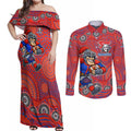 Newcastle Knights Couples Matching Off Shoulder Maxi Dress and Long Sleeve Button Shirt Aboriginal Dot Pattern - Rugby Mascot Heritage Pride