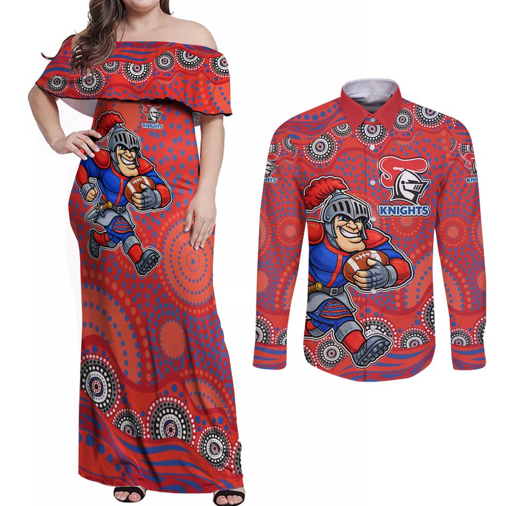 Newcastle Knights Couples Matching Off Shoulder Maxi Dress and Long Sleeve Button Shirt Aboriginal Dot Pattern - Rugby Mascot Heritage Pride