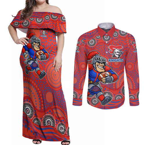 Newcastle Knights Couples Matching Off Shoulder Maxi Dress and Long Sleeve Button Shirt Aboriginal Dot Pattern - Rugby Mascot Heritage Pride