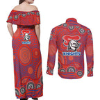 Newcastle Knights Couples Matching Off Shoulder Maxi Dress and Long Sleeve Button Shirt Aboriginal Dot Pattern - Rugby Mascot Heritage Pride
