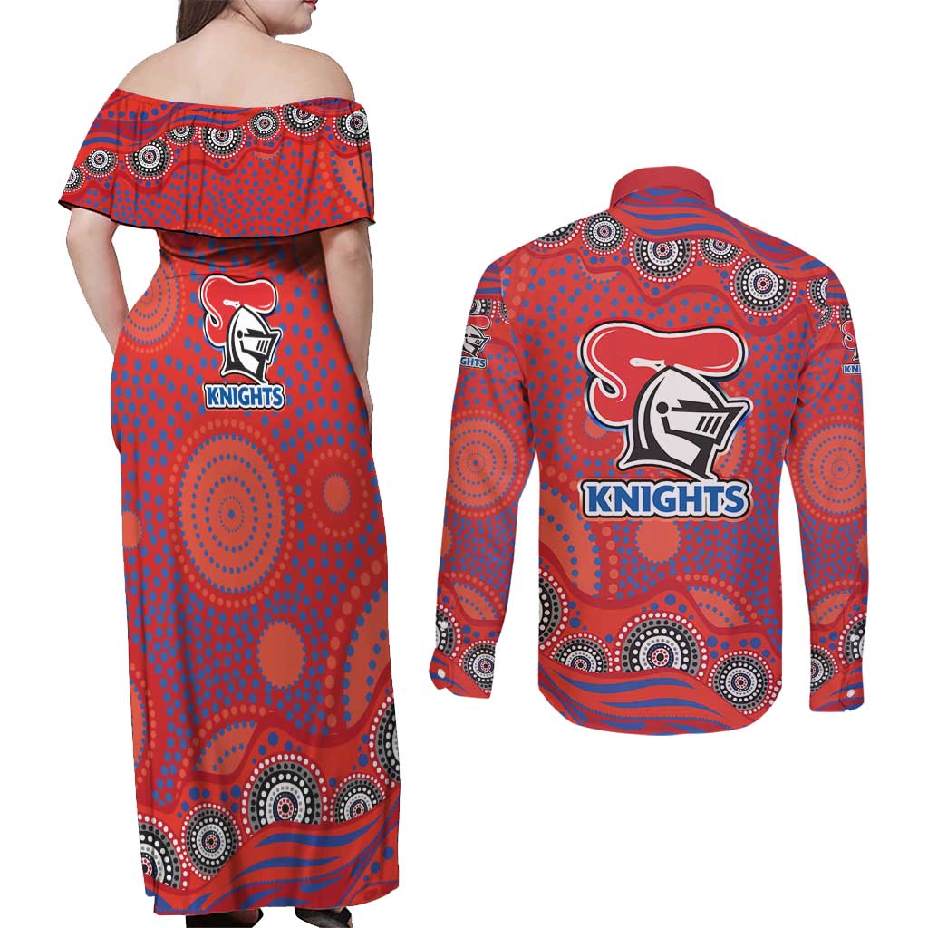 Newcastle Knights Couples Matching Off Shoulder Maxi Dress and Long Sleeve Button Shirt Aboriginal Dot Pattern - Rugby Mascot Heritage Pride