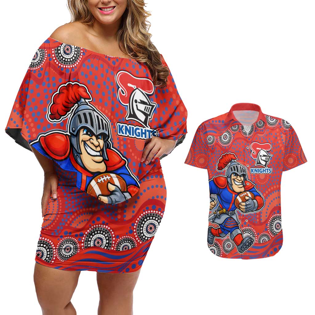Newcastle Knights Couples Matching Off Shoulder Short Dress and Hawaiian Shirt Aboriginal Dot Pattern - Rugby Mascot Heritage Pride