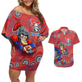 Newcastle Knights Couples Matching Off Shoulder Short Dress and Hawaiian Shirt Aboriginal Dot Pattern - Rugby Mascot Heritage Pride