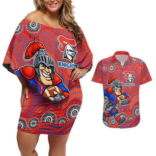 Newcastle Knights Couples Matching Off Shoulder Short Dress and Hawaiian Shirt Aboriginal Dot Pattern - Rugby Mascot Heritage Pride