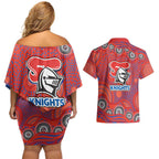 Newcastle Knights Couples Matching Off Shoulder Short Dress and Hawaiian Shirt Aboriginal Dot Pattern - Rugby Mascot Heritage Pride