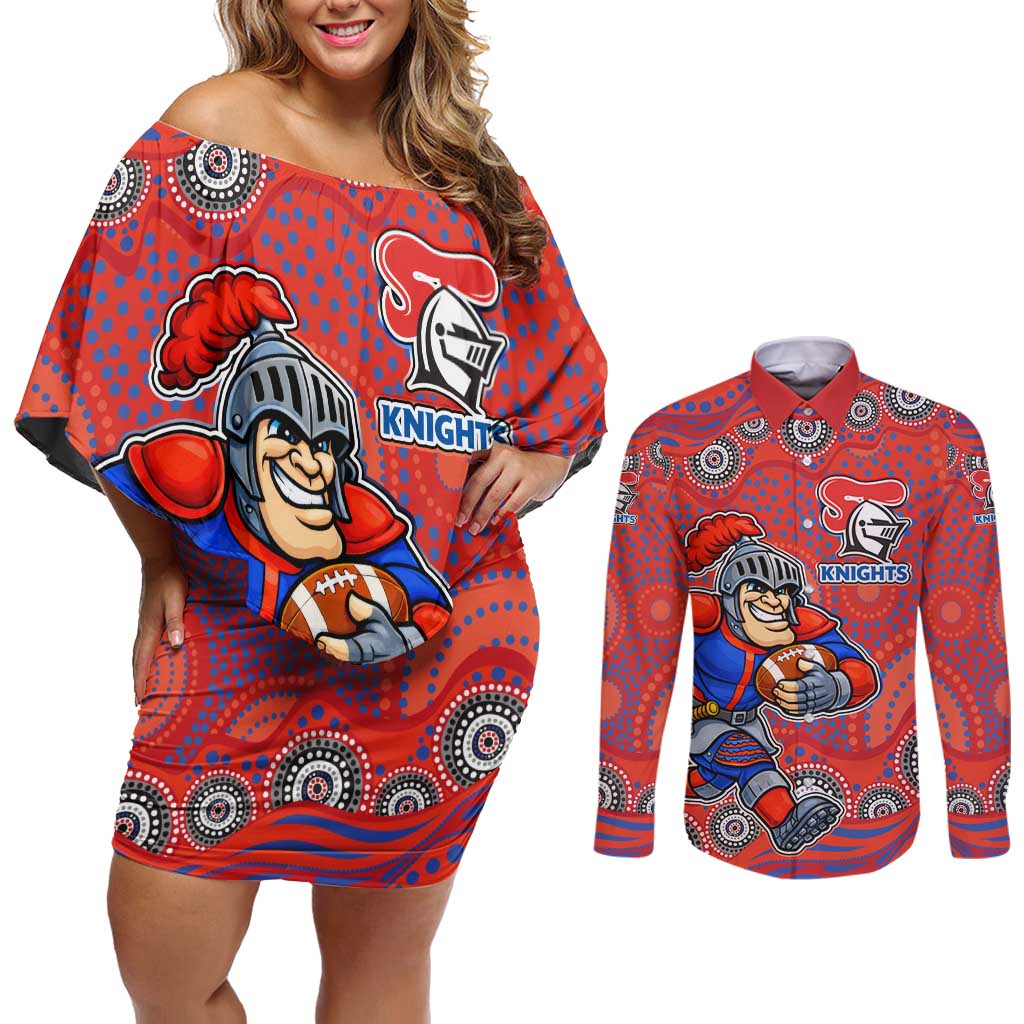 Newcastle Knights Couples Matching Off Shoulder Short Dress and Long Sleeve Button Shirt Aboriginal Dot Pattern - Rugby Mascot Heritage Pride