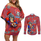 Newcastle Knights Couples Matching Off Shoulder Short Dress and Long Sleeve Button Shirt Aboriginal Dot Pattern - Rugby Mascot Heritage Pride
