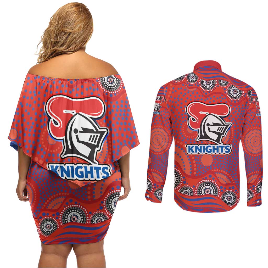 Newcastle Knights Couples Matching Off Shoulder Short Dress and Long Sleeve Button Shirt Aboriginal Dot Pattern - Rugby Mascot Heritage Pride