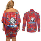 Newcastle Knights Couples Matching Off Shoulder Short Dress and Long Sleeve Button Shirt Aboriginal Dot Pattern - Rugby Mascot Heritage Pride