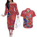 Newcastle Knights Couples Matching Off The Shoulder Long Sleeve Dress and Hawaiian Shirt Aboriginal Dot Pattern - Rugby Mascot Heritage Pride