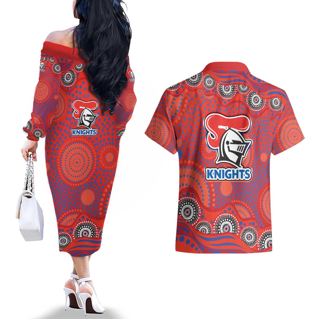Newcastle Knights Couples Matching Off The Shoulder Long Sleeve Dress and Hawaiian Shirt Aboriginal Dot Pattern - Rugby Mascot Heritage Pride