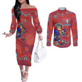 Newcastle Knights Couples Matching Off The Shoulder Long Sleeve Dress and Long Sleeve Button Shirt Aboriginal Dot Pattern - Rugby Mascot Heritage Pride