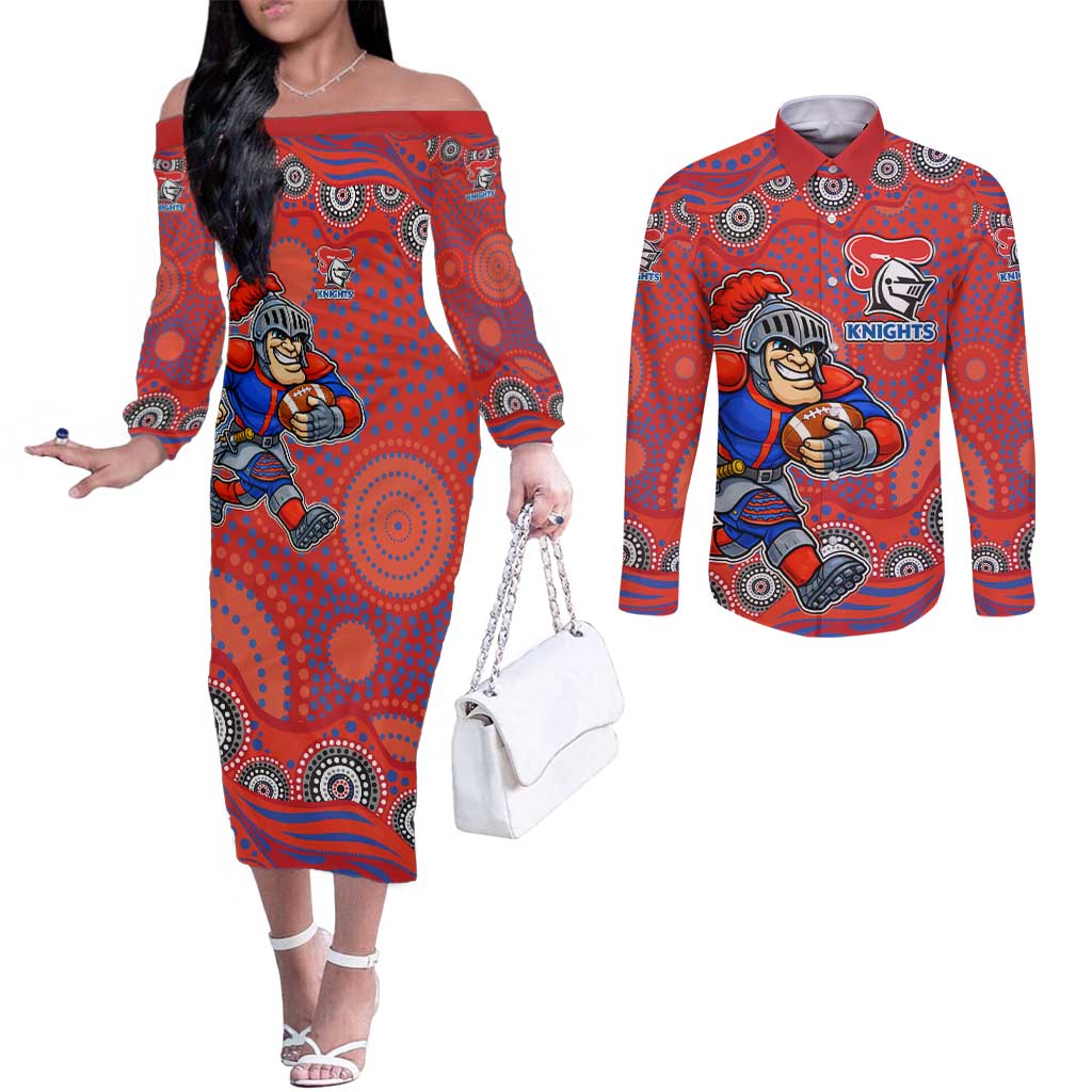 Newcastle Knights Couples Matching Off The Shoulder Long Sleeve Dress and Long Sleeve Button Shirt Aboriginal Dot Pattern - Rugby Mascot Heritage Pride