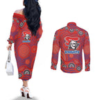 Newcastle Knights Couples Matching Off The Shoulder Long Sleeve Dress and Long Sleeve Button Shirt Aboriginal Dot Pattern - Rugby Mascot Heritage Pride