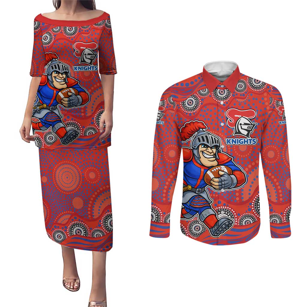 Newcastle Knights Couples Matching Puletasi and Long Sleeve Button Shirt Aboriginal Dot Pattern - Rugby Mascot Heritage Pride