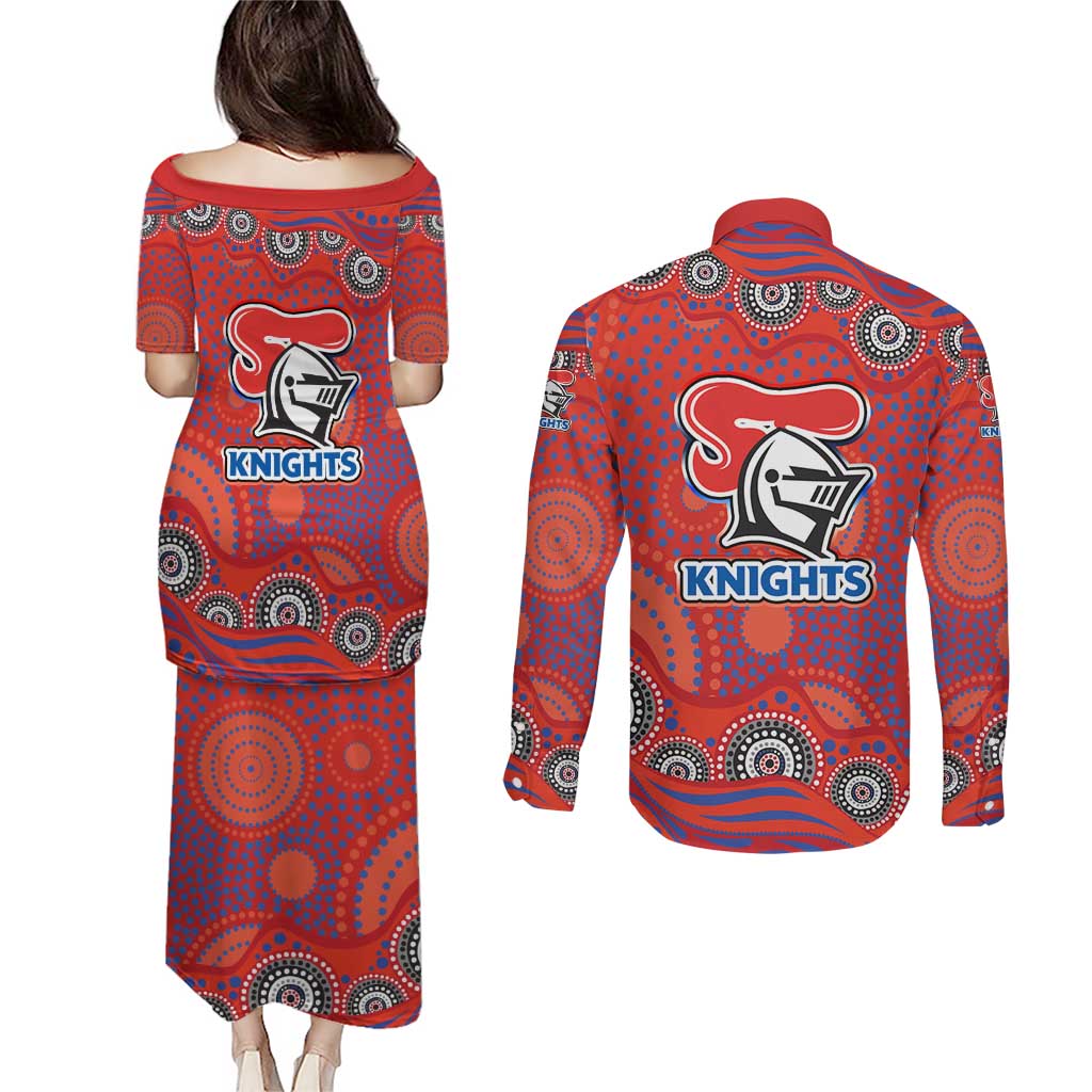 Newcastle Knights Couples Matching Puletasi and Long Sleeve Button Shirt Aboriginal Dot Pattern - Rugby Mascot Heritage Pride
